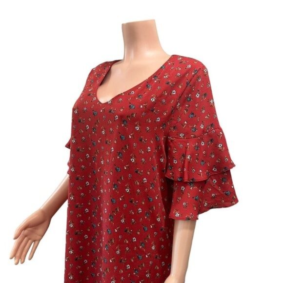 She + Sky Women SZ Large Maroon Floral Multi Mini Dress-Bell Sleeve-Pullover - Picture 8 of 13